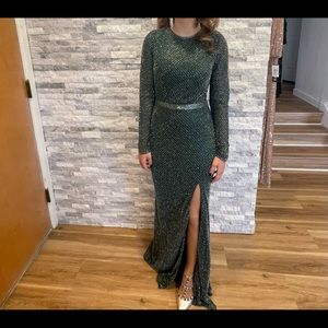Mac Duggal Bugle Bead Long Sleeve Sheath gown